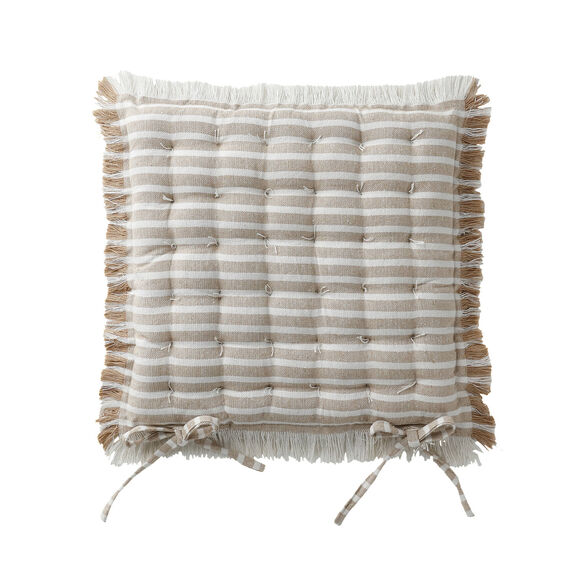 Vierkant, gestreept stoelkussentje met franjes - set van 2 (beige)
