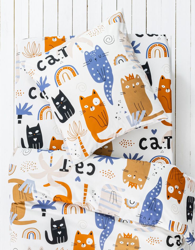Bedlinnen voor kids, Minou, met katprint, 1 persoon - katoen (wit)