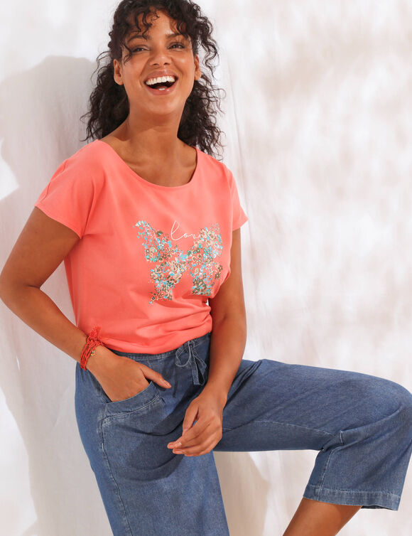 T-shirt manches courtes, imprim&eacute; plac&eacute; "papillon" (rose corail)