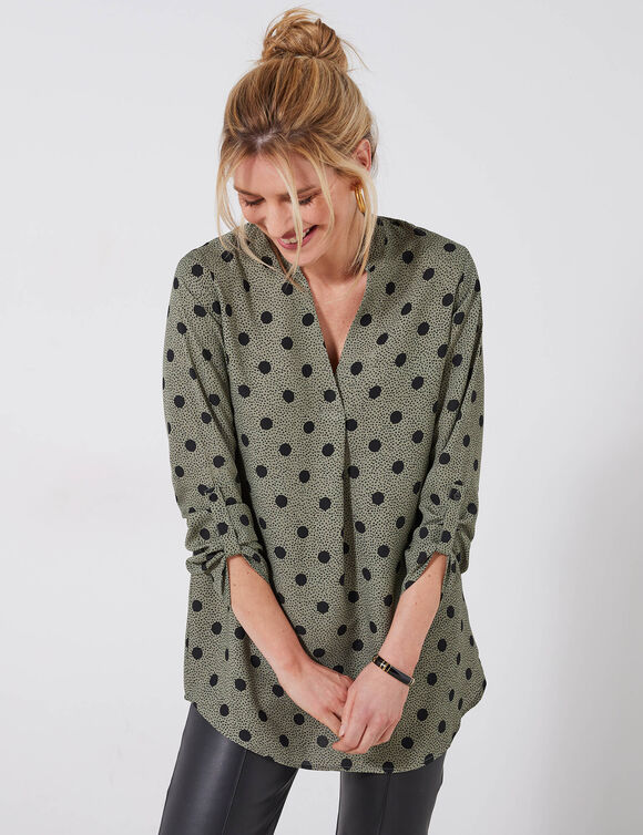 Blouse col tunisien imprimé pois, crêpe (kaki / noir)
