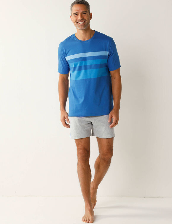 Pyjama short coton rayures plac&eacute;es col rond (bleu / gris)