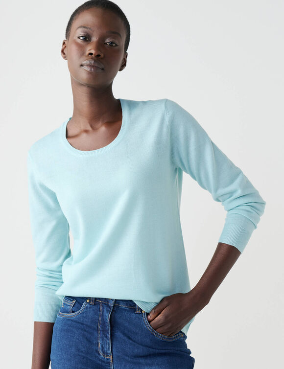 Pull col rond uni, manches longues, toucher doux (vert d'eau)
