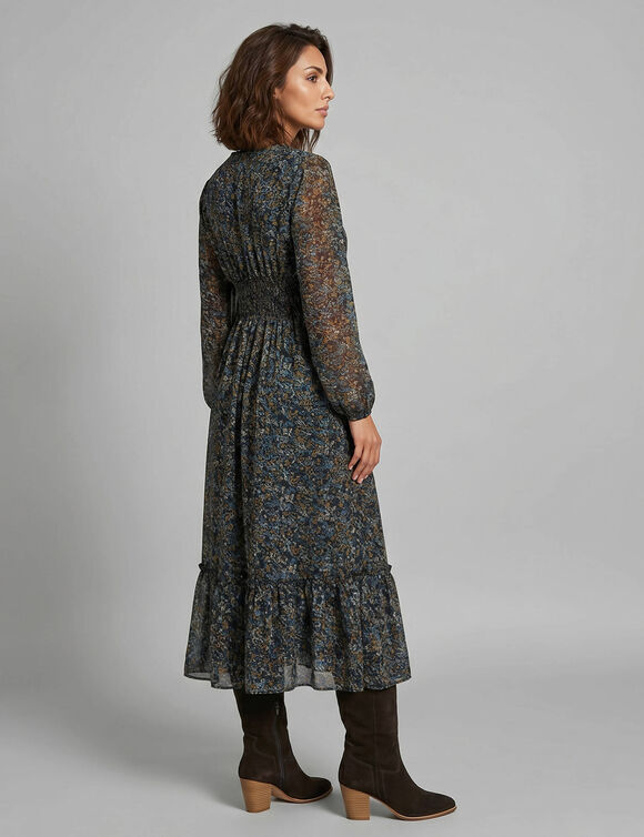 Robe longue volant&eacute;e, voile imprim&eacute; fleuri (noir)