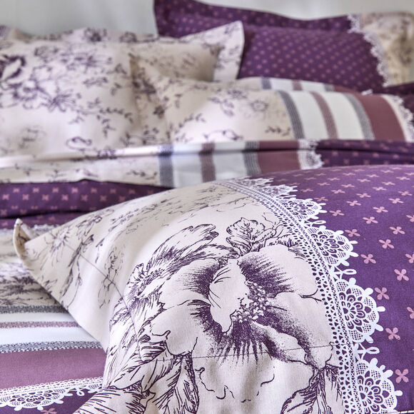 Linge de lit Gabrielle flanelle, imprimé fleurs et dentelle (prune)