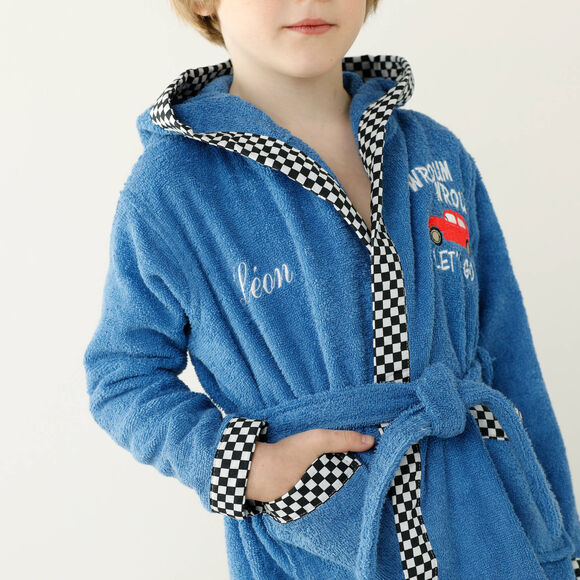 Badjas voor kinderen met kap en automotief, personaliseerbaar, katoenen badstof - 340 g/m2 (felblauw)