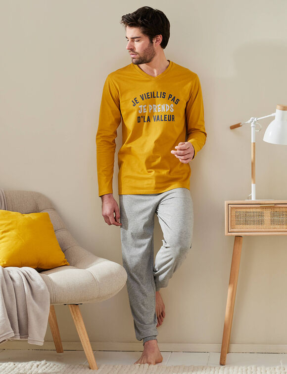Pyjama met lange mouwen en letterprint (honing / grijs)