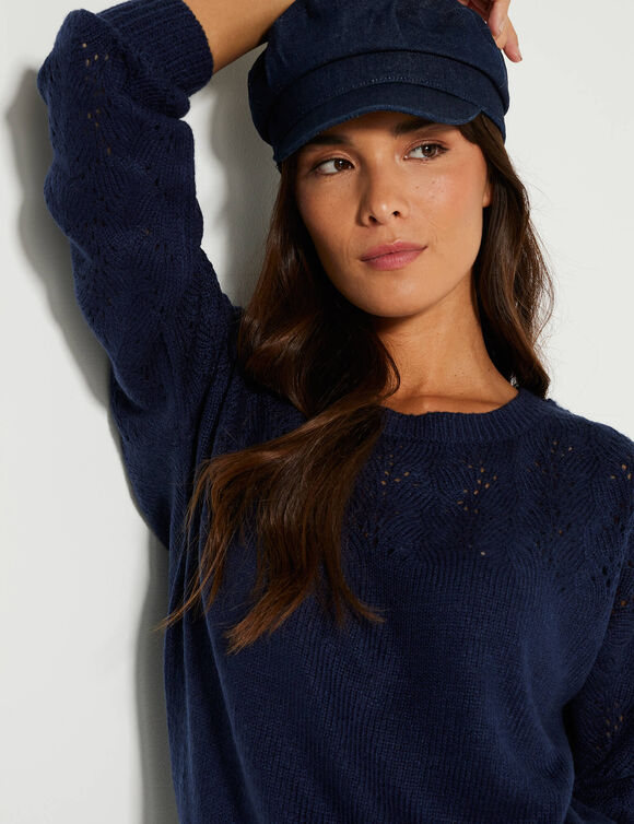 Pull manches blousantes, maille ajourée (marine)