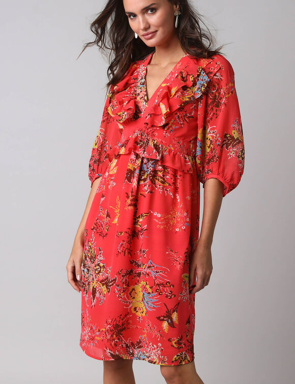 Robe courte volant&eacute;e &agrave; manches 3/4 ballon, voile imprim&eacute; fleuri (koraal / ecru)