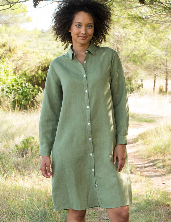 Robe chemise en coton-lin, manches retroussables (kaki)