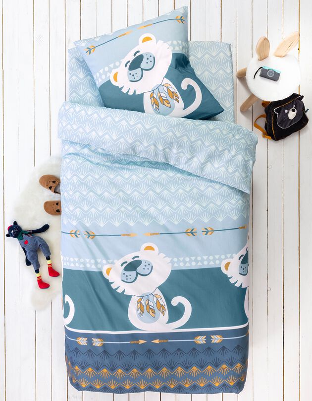 Linge de lit enfant à motifs chats Chaplu 1 personne - coton, bleu, hi-res
