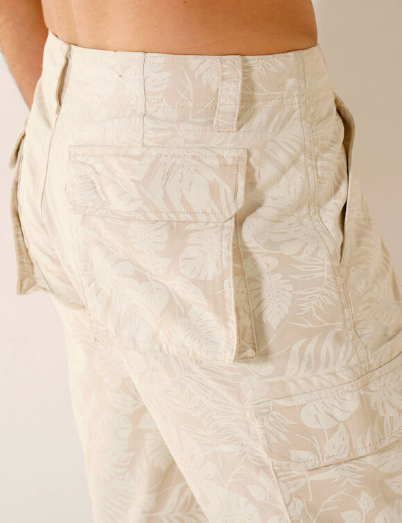 Bermuda in canvas met bladerenprint (beige)