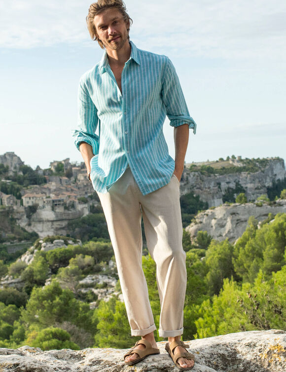Chemise ray&eacute;e coton lin manches longues  (aqua / blanc)