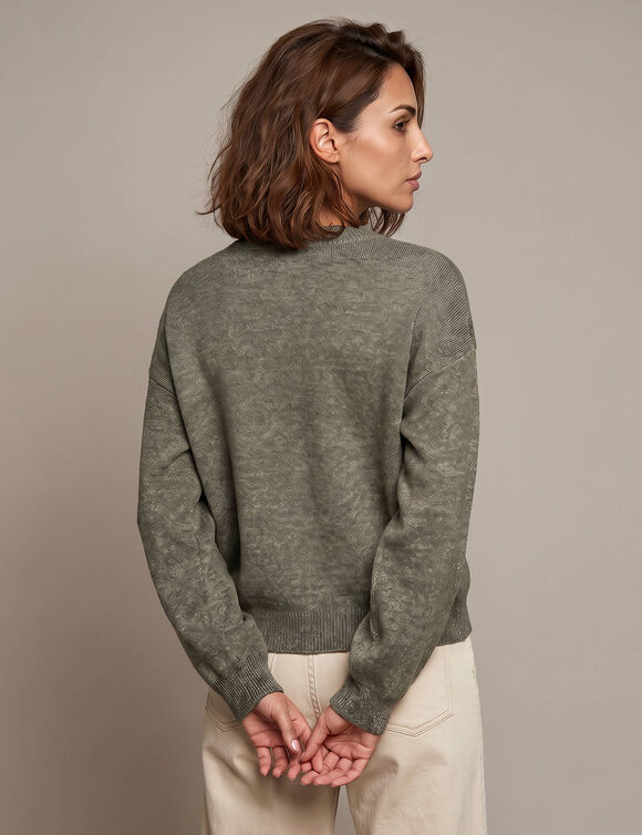 Pull col rond manches longues, jacquard motif oiseaux, laine m&eacute;lang&eacute;e (kaki / &eacute;cru)