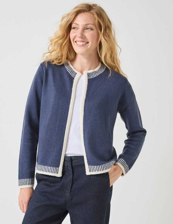 Cardigan bicolore, col rond (marine / ecru)
