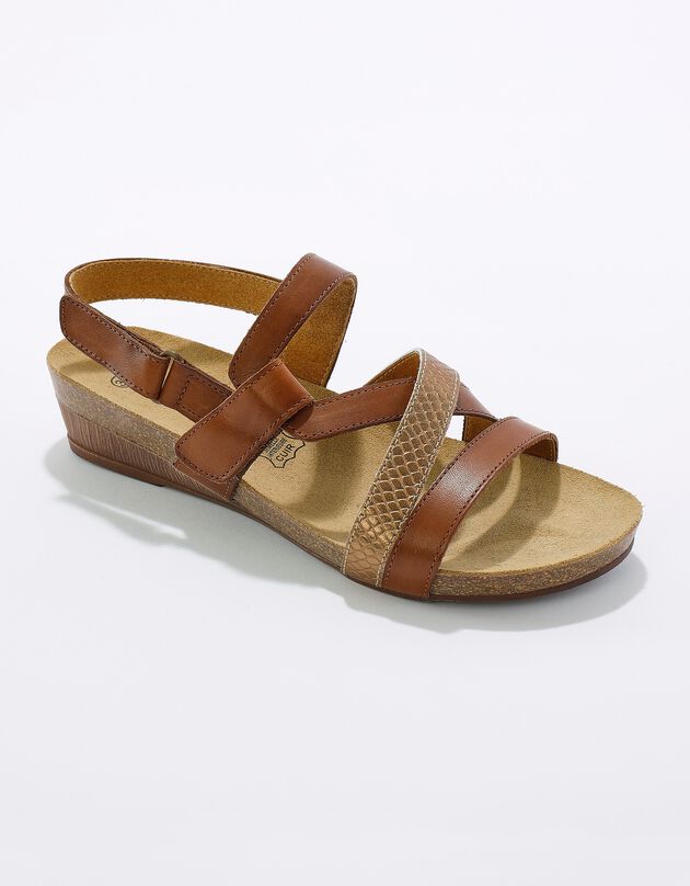 Leren sandalen met sleehak in houtstijl en scratchsluiting, zool in kurk (bronskleur)