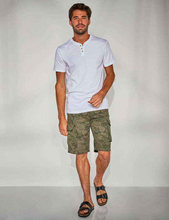 Bermuda serg&eacute; imprim&eacute; feuillage (kaki fonc&eacute;)