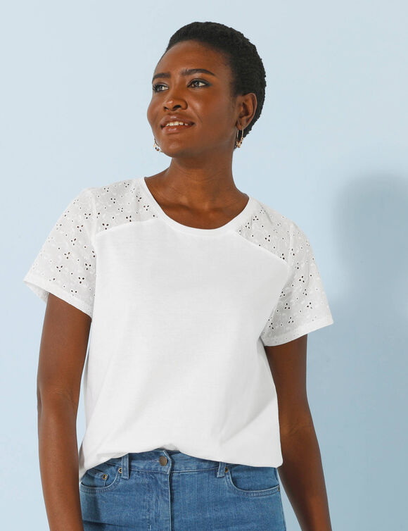 T-shirt col rond manches courtes, d&eacute;tail broderie anglaise (blanc)