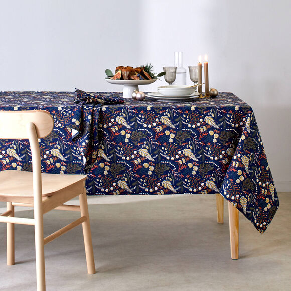 Serviette de table en coton imprim&eacute; herbier - lot de 3  (marine)