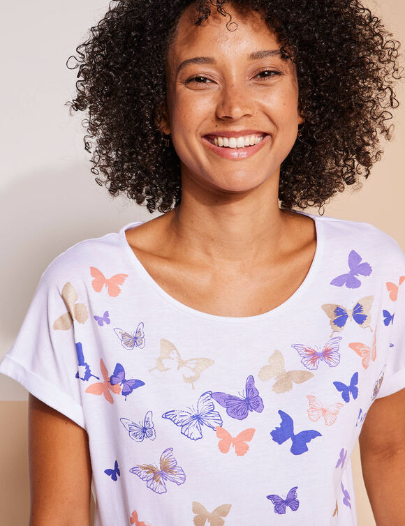 T-shirt boite, imprim&eacute; papillons (blanc / parme)