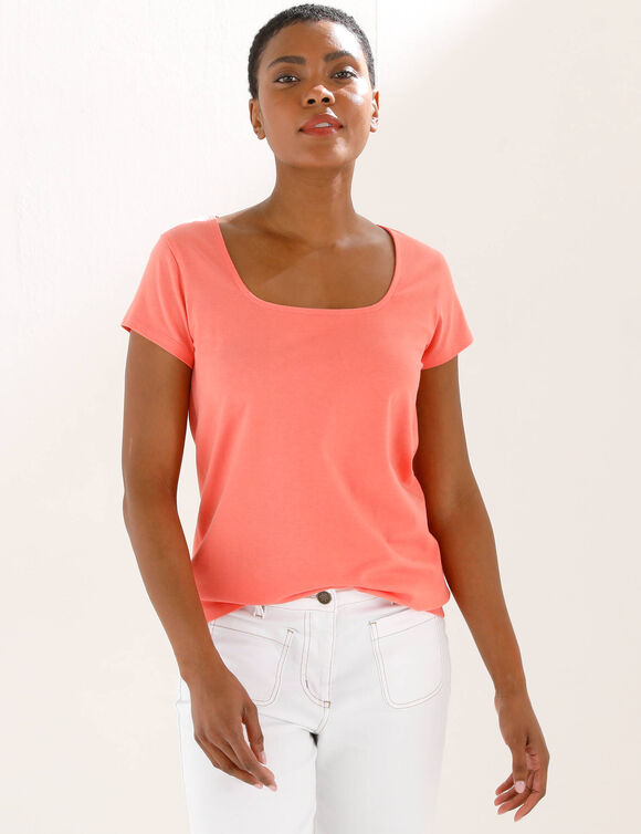 T-shirt col carr&eacute;, manches courtes (corail)