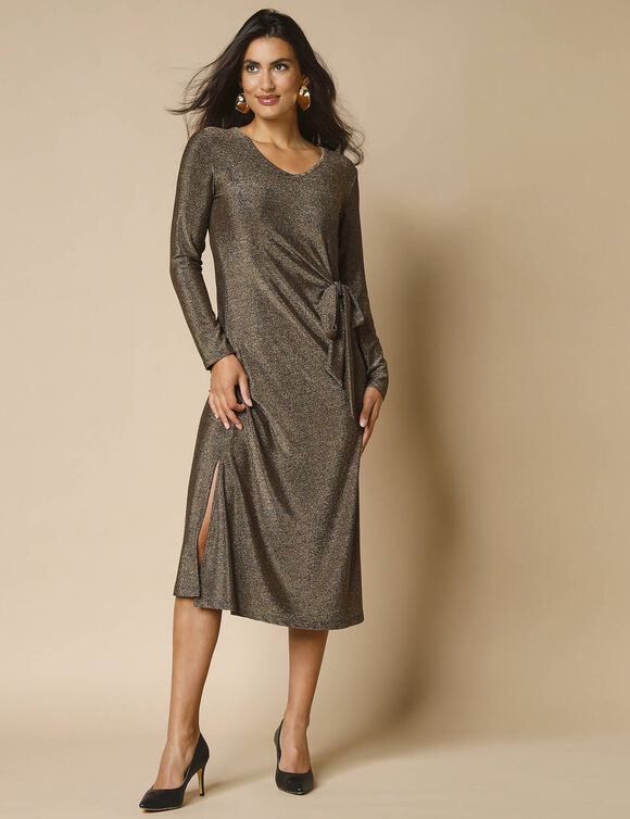 Robe maille brillante manches longues, détail noué (noir / doré)
