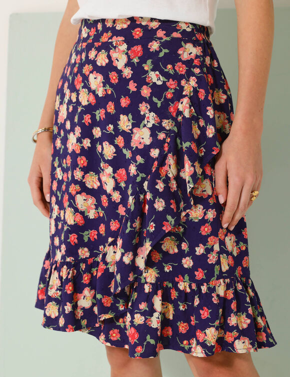 Jupe évasée volantée, imprimé fleuri  (indigo / corail)