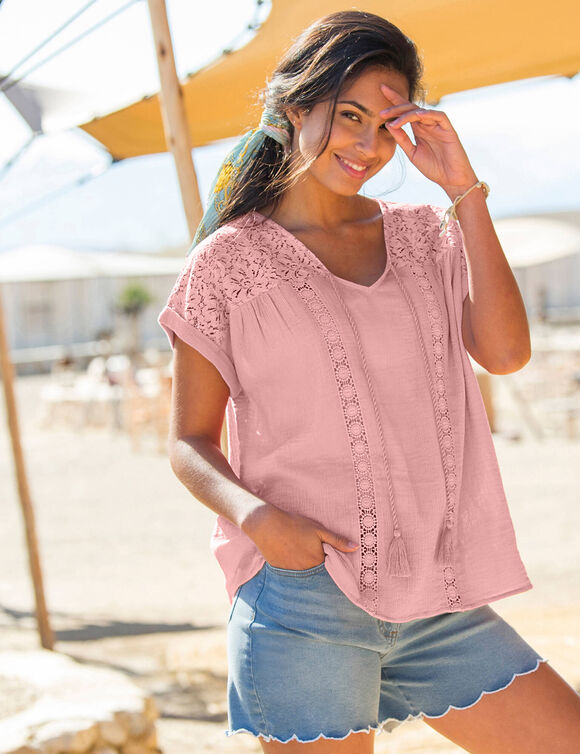 Blouse macram&eacute;, cr&eacute;pon coton (rose gris&eacute;)