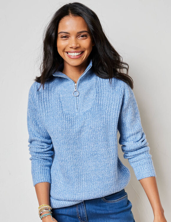 Pull col zipp&eacute;, maille anglaise (bleu chin&eacute;)