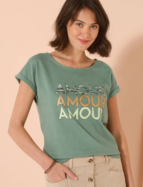 T-shirt imprimé "amour", manches à revers (vert grisé)