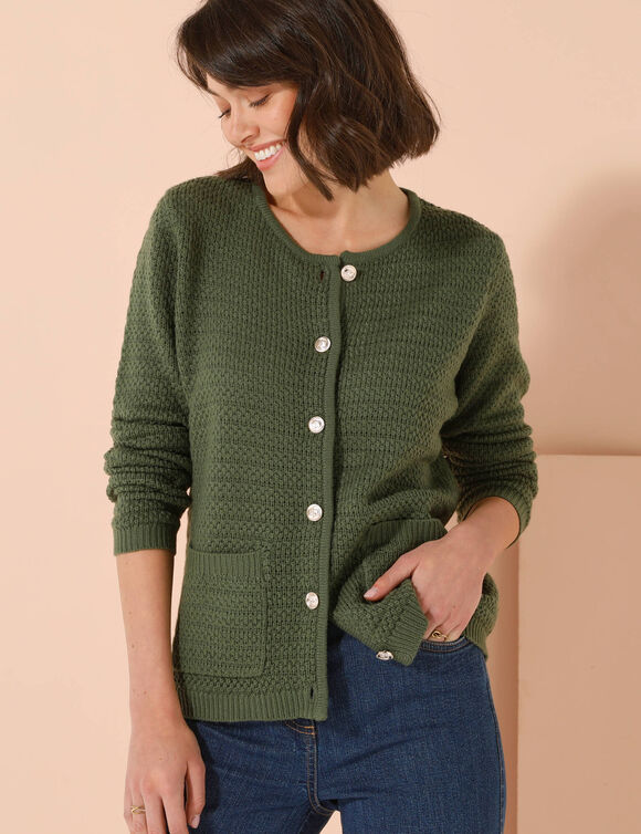 Cardigan uni maille fantaisie (kaki)
