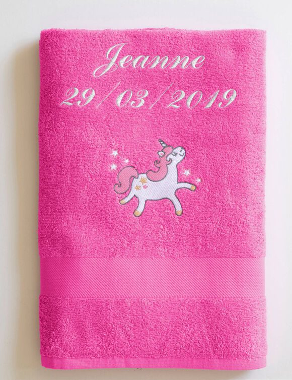 Collection &eacute;ponge enfant brod&eacute;e licorne personnalisable coton (fuchsia)