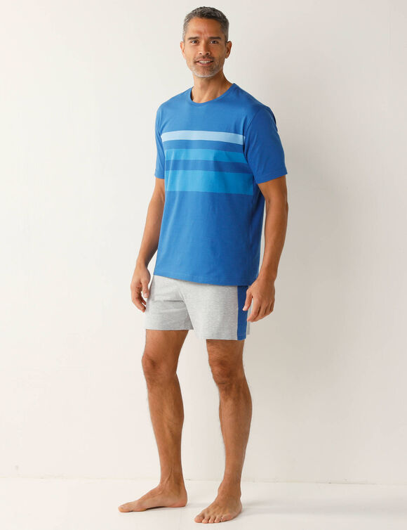 Pyjama short coton rayures placées col rond (bleu / gris)