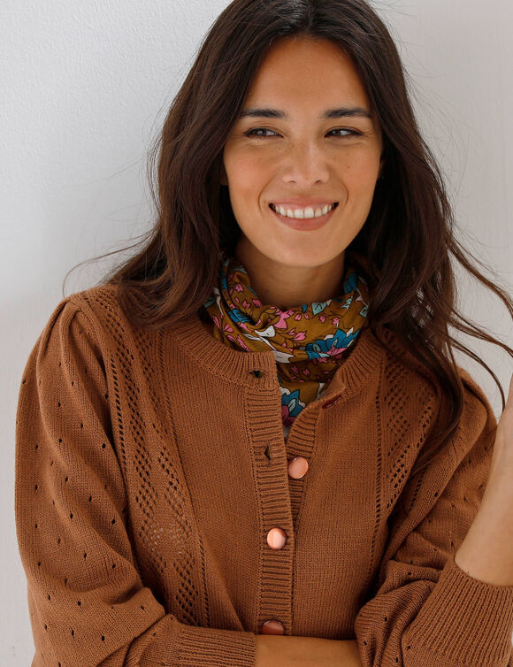 Cardigan boutonn&eacute;, maille ajour&eacute;e (caramel)