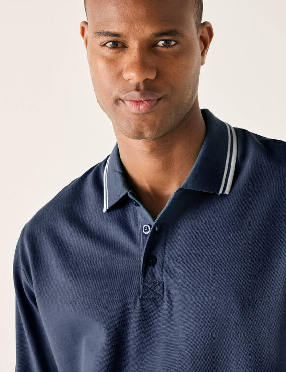 Polo uni maille piqu&eacute;e manches longues (marine)