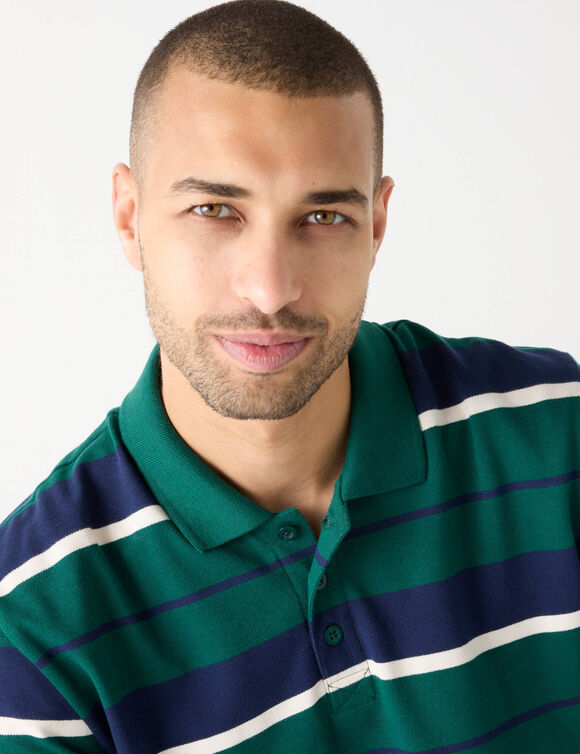 Polo rayée maille piquée manches longues  (vert bouteille)