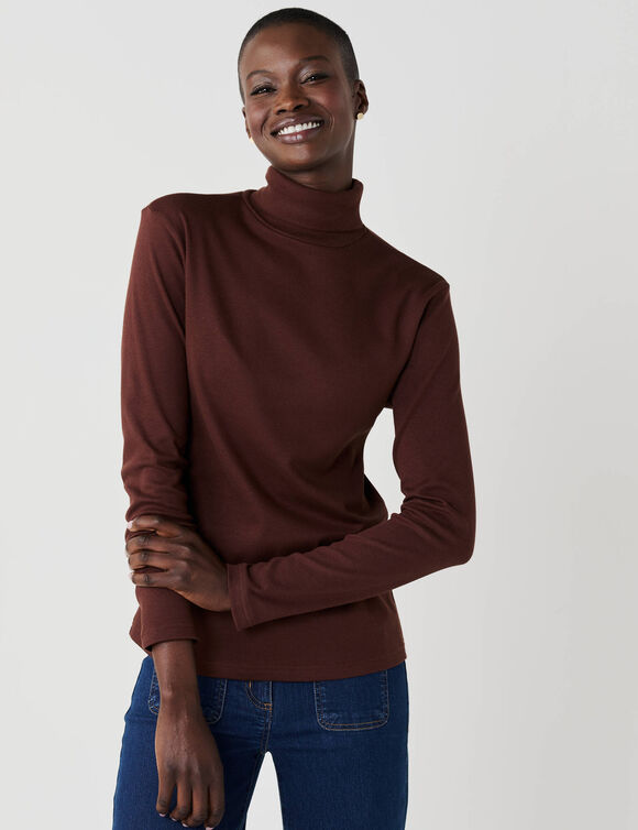 Sous-pull col roul&eacute; en maille c&ocirc;tel&eacute;e, uni (chocolat)