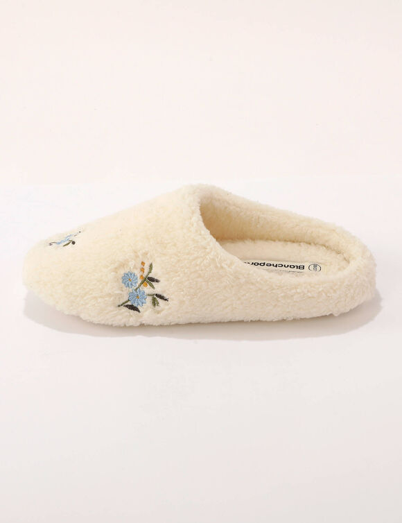 Mules met voering en geborduurde bloemen (ecru)