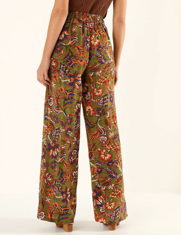 Pantalon large fluide, imprim&eacute; fleurs indiennes (vert)