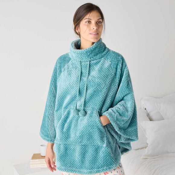 Poncho maille polaire textur&eacute;e, col montant (bleu gris&eacute;)