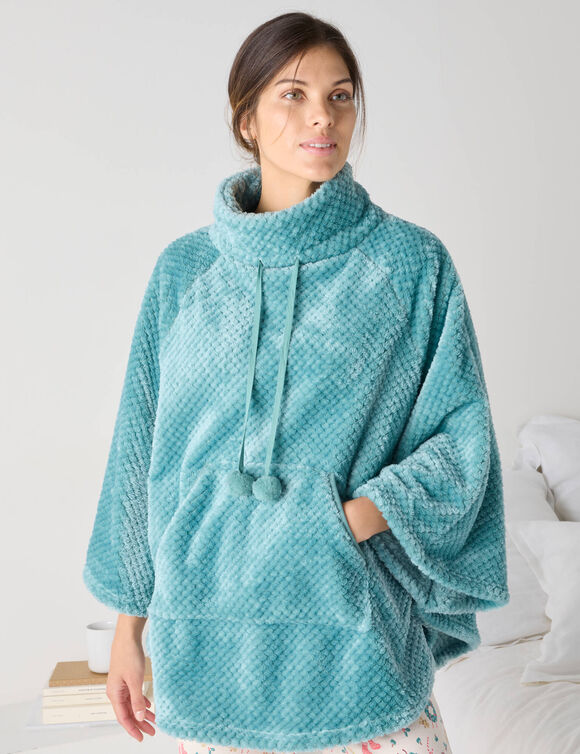 Poncho maille polaire texturée, col montant (bleu grisé)