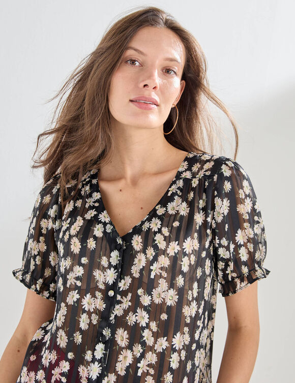 Chemisier manches blousantes imprim&eacute; floral, voile jacquard (noir / &eacute;cru)