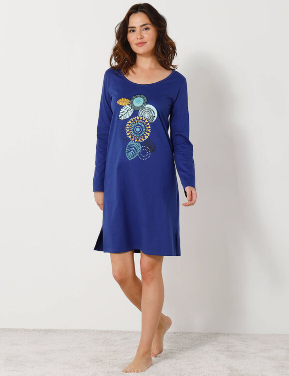 Kort nachthemd met lange mouwen en rozettenmotief (felblauw)