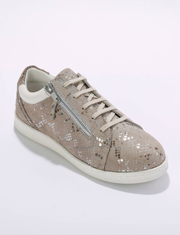 Sneakers met rits, in geperforeerd leer (GLANZEND BEIGE)