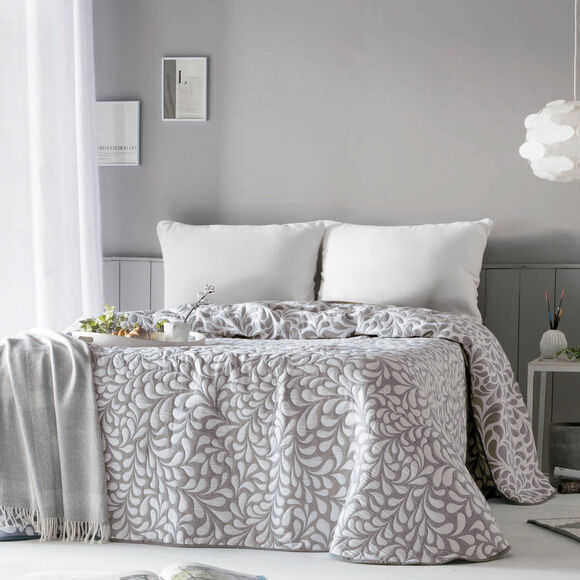 Couvre-lit jacquard motif Feuilles (&eacute;cru / taupe)
