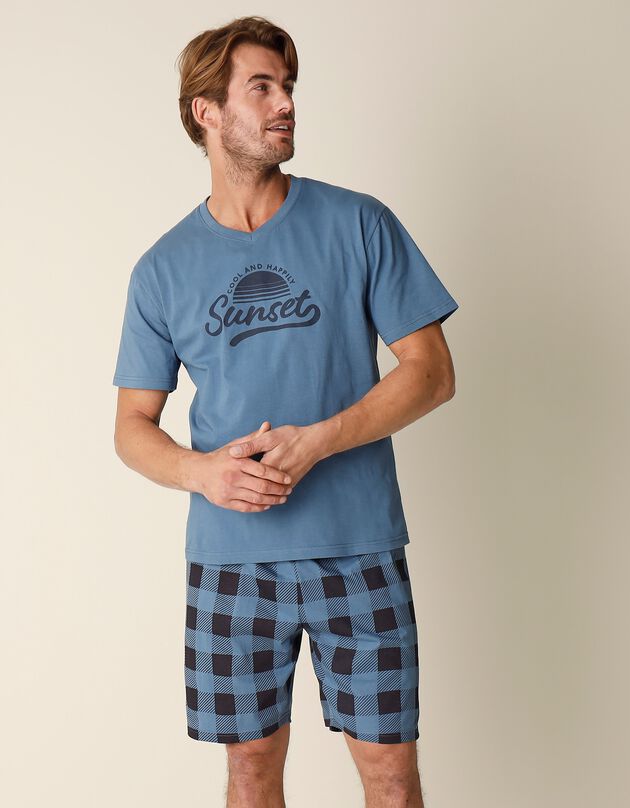 Pyjama short coton carreaux manches courtes (bleu grisé)