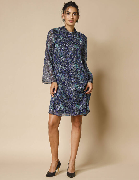 Robe courte évasée imprimée, voile fils brillants (bleu nuit)