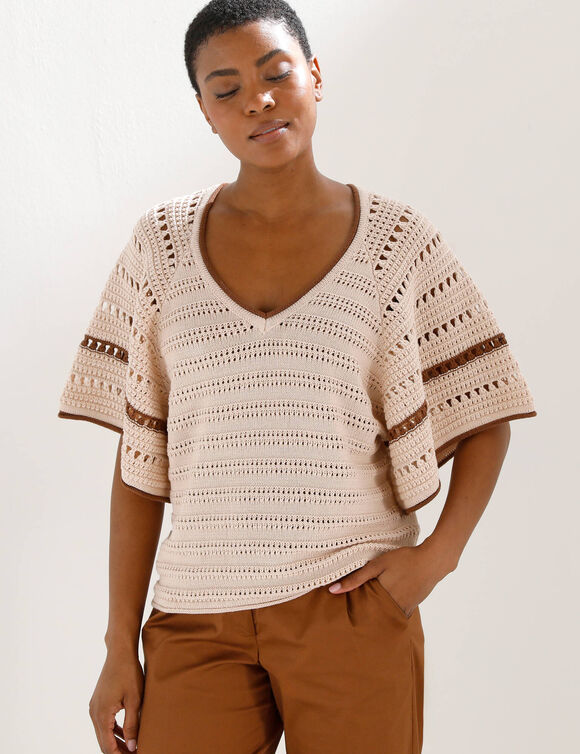 Trui met korte vlindermouwen, fantasietricot (grijsbeige / karamel)