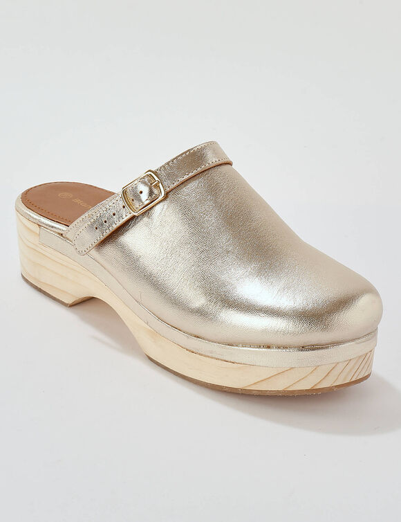 Klompen met hak, in leer en hout (goudkleurig)