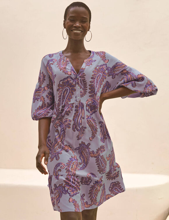 Robe imprim&eacute;e col tunisien, manches boules (parme gris&eacute;)