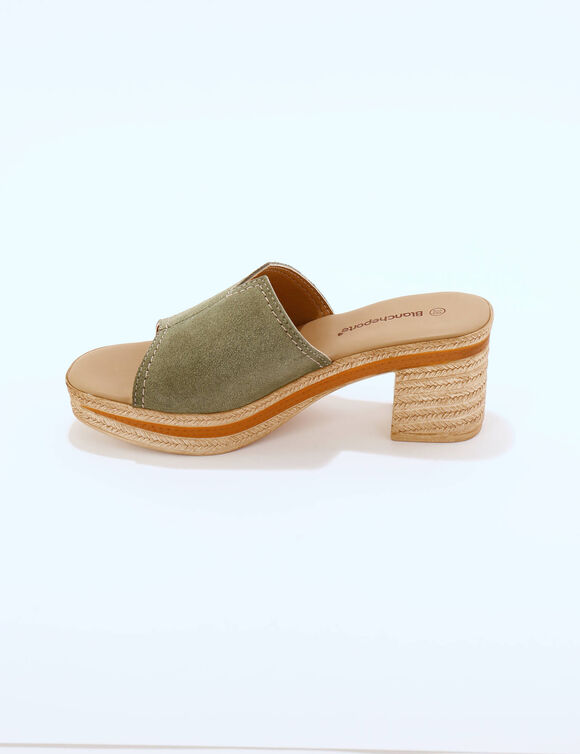 Mules compens&eacute;es style sabot cro&ucirc;te de cuir (vert sauge)